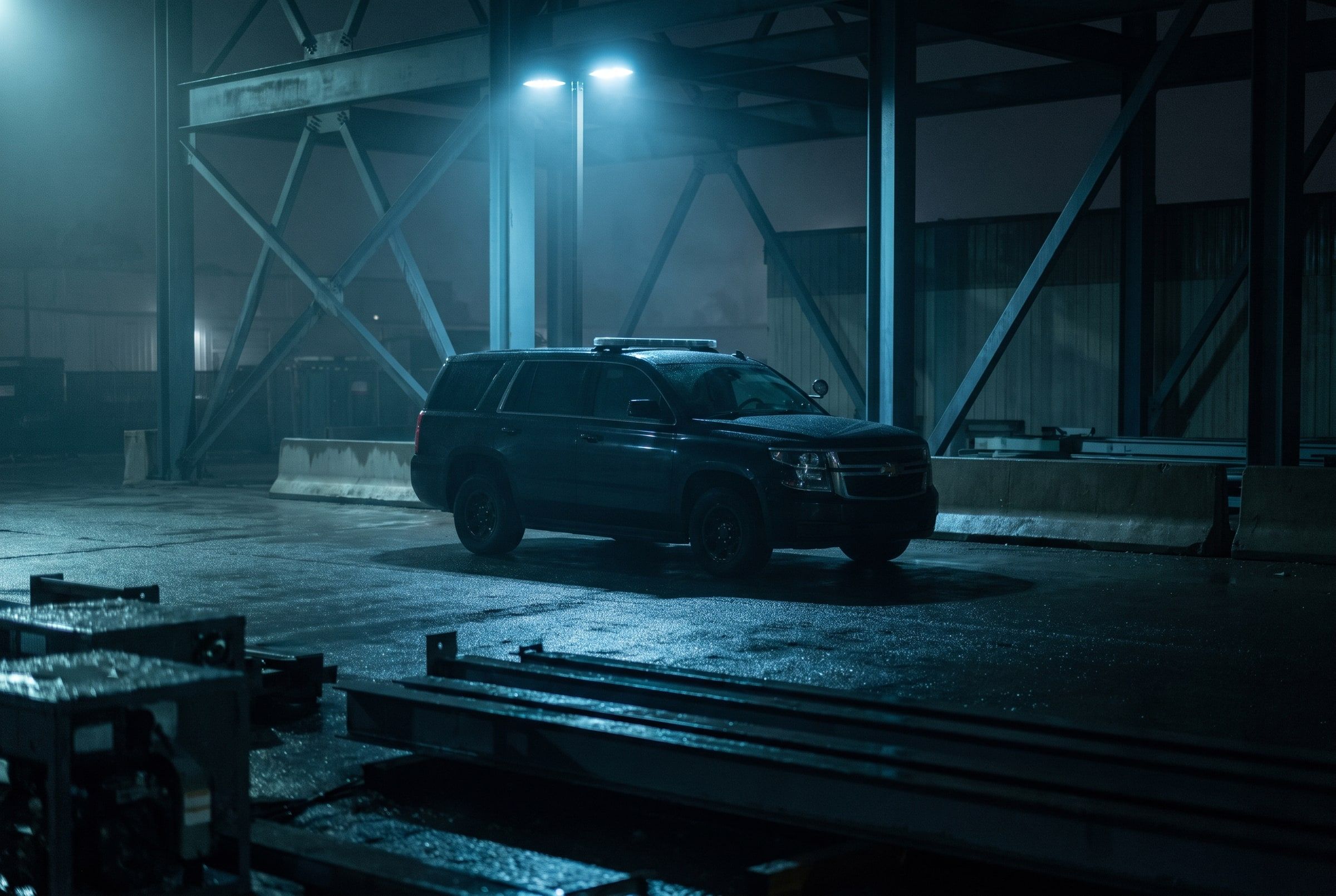 An unmarked police-style SUV parked at night under floodlights